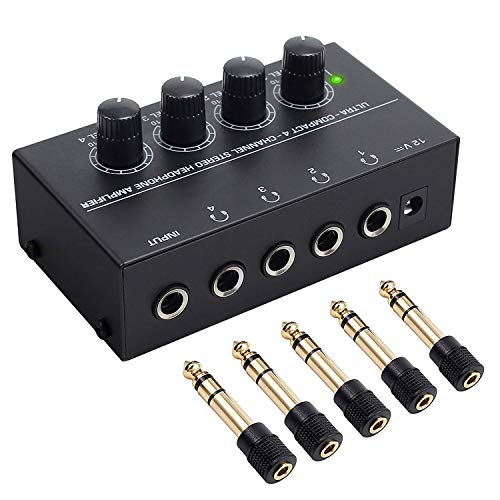 Neoteck Amplificador de Auriculares 4 Canal Ultra-Compacto Estéreo Auricular amp con 5 Piezas de Adaptador 6.35mm (1/4 Inch) to 3.5mm (1/8 Inch) y Adaptador de Enegía