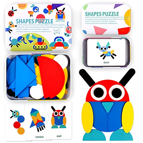 StillCool Tangram Puzzle, 36 Tangram Puzzle de Madera Montessori+ 60 PCS Diseño Tarjetas para Bloques de Patrones de Madera Animales Puzzles Juegos de Clasificación y Apilamiento para Niños(2 años +)