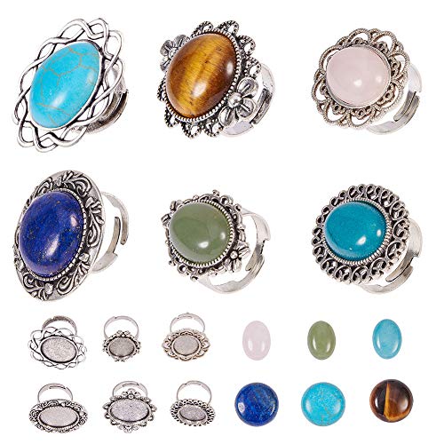 SUNNYCLUE 6 unids Plata Antigua Ajustable Configuración de Anillo de Cabujón de Flor En Blanco con 6 unids Ronda 20mm Gema Cabochons de Piedras Preciosas para DIY Anillo Haciendo SUNNYCLUE 6 unids Plata Antigua Ajustable Configuración de Anillo de Cabujón de Flor En Blanco con 6 unids Ronda 20mm Gema Cabochons de Piedras Preciosas para DIY Anillo Haciendo