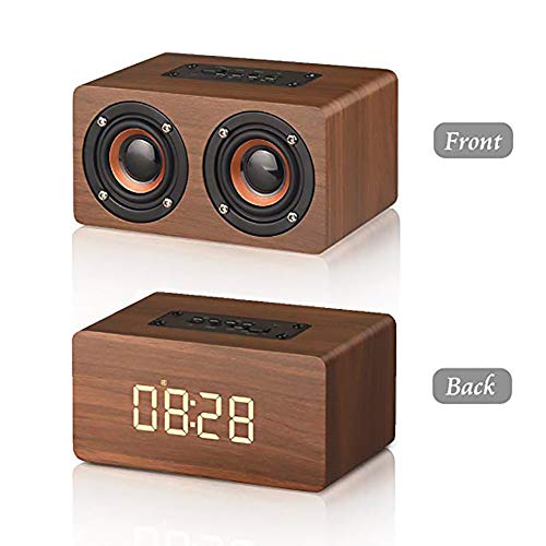 Tolyneil Despertador Digital de Madera con Altavoz Bluetooth, Radio multifunción portátil con Bluetooth inalámbrico, Radio FM, Pantalla LED de Reloj (Brown)