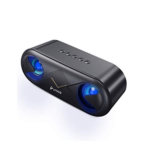 Unico - Altavoz Bluetooth 5,0 Luces LED, Altavoces Bluetooth, Doble Altavoz Stereo, Micrófono, Inalámbrico. Color Negro