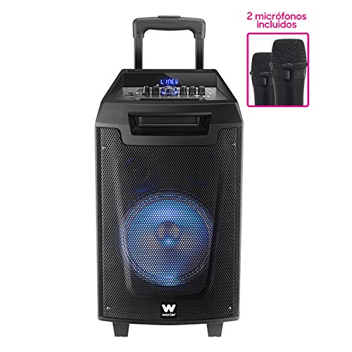 Woxter Rock'n'Roller - Altavoz trolley con función karaoke, Potencia de 80W, Display Led, Bluetooth, Lector SD/USB, AUX, Prioridad Mic, Mando a distancia, Batería de alta capacidad y 2 micrófonos inalámbricos