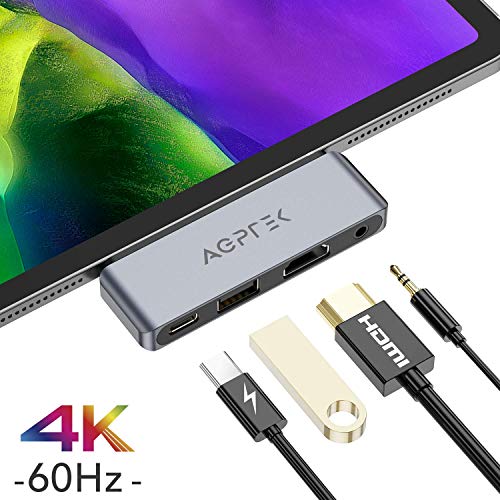 AGPTEK 4 EN 1 Hub USB C para iPad Pro 2018, 2020, Adaptador USB C a HDMI 4K, Auriculares de 3.5 mm, Carga PD, Compatible con Macbook, DELL XPS, Samsung S8/S9/Note8 y Más Dispositivos de Tipo C, Gris
