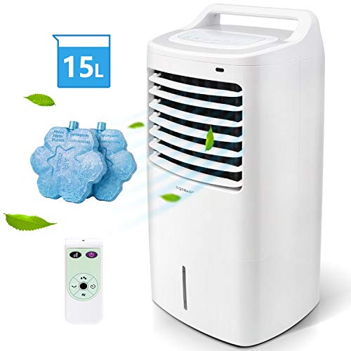 Aigostar - Climatizador evaporativo con mando a distancia, 60W, oscilante, 3 modos y 3 velocidades, temporizador, humidificador de aire, 2 cajas hielo, depósito de 15 l.