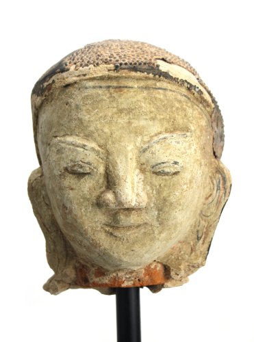 Antique birmano de Shan Estuco en terracota Cabeza de Buda, del siglo 18