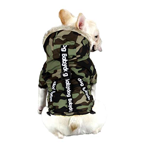 Babydog Abrigo Chaleco para Perro con Capucha, Forro Polar y Mangas, Cierre Corchetes, Modelo Camuflaje Militar (M, Verde)