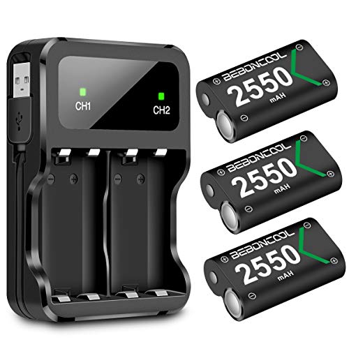 BEBONCOOL Paquete de 3 baterías recargables para mando Xbox One de 2550 mAh y kit de accesorios de cargador, batería Xbox para Xbox One/One X/One Elite/One S BEBONCOOL Paquete de 3 baterías recargables para mando Xbox One de 2550 mAh y kit de accesorios de cargador, batería Xbox para Xbox One/One X/One Elite/One S