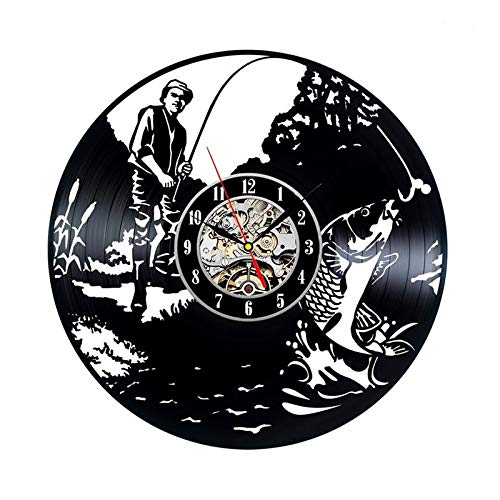 BFMBCHDJ Reloj de Registro de Pescador Redondo Estilo Antiguo Registro de Vinilo Creativo Colgante LED Reloj de Pared Hecho a Mano decoración de Arte de Pared