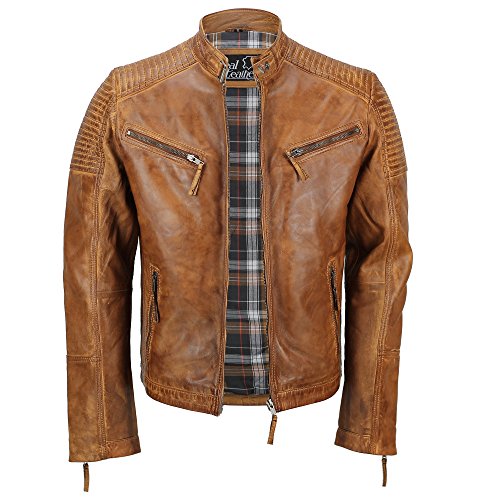Cazadora de piel auténtica para hombre, encerada, estilo motero, aspecto retro, con cremallera Marrón canela XXX-Large Cazadora de piel auténtica para hombre, encerada, estilo motero, aspecto retro, con cremallera Marrón canela XXX-Large