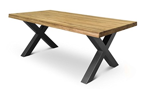 COMIFORT Mesa de Comedor - Mueble para Salon Oficina Despacho Robusto y Moderno de Roble Macizo Color Ahumado con Lado Ondulado, Patas de Acero X-Forma Grafito (200x100 cm) COMIFORT Mesa de Comedor - Mueble para Salon Oficina Despacho Robusto y Moderno de Roble Macizo Color Ahumado con Lado Ondulado, Patas de Acero X-Forma Grafito (200x100 cm)