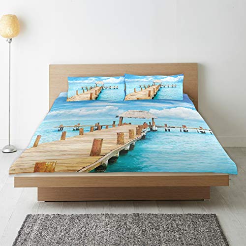 DAHALLAR Bedding Juego de Funda de Edredón,Bungalow en el mar Claro Destino del Viaje Playa Paisaje Marino Vista exótica,Microfibra SIN LLENAR,(Cama 220x240 + Almohada)