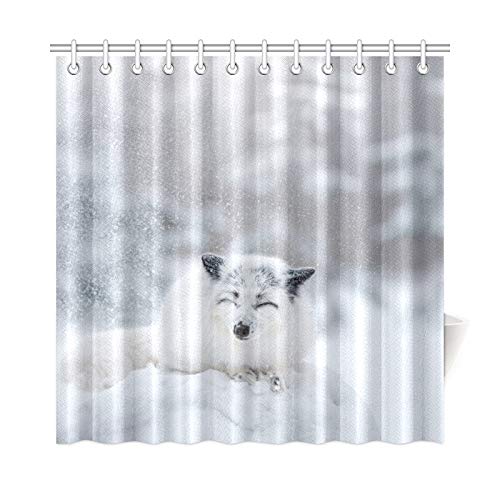 Decoración para el hogar Cortina de baño Zorro blanco en la naturaleza Nieve Invierno Tejido de poliéster Cortina de ducha impermeable para baño, cortinas de ducha de 72 x 72 pulgadas Ganchos incluid