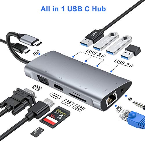FLYLAND Hub USB C, Adaptador Tipo C Hub con 1080P VGA, Conector de Audio de 3.5 mm, 4K HDMI, Ethernet RJ45, 4 Puertos USB 3.0/2.0, Puerto USB-C PD, Hub Lector de Tarjetas SD/TF para Macbook y más