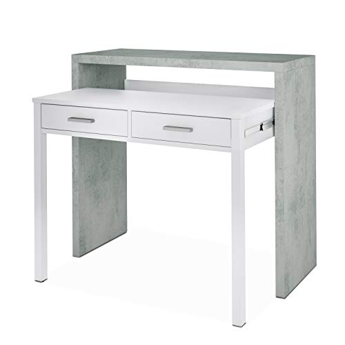 Habitdesign 004582BO - Mesa de Escritorio Extensible, Mesa Estudio Consola, Medidas: 98,5 x 87,5 x 36-66 cm de Fondo (Blanco Artik y Gris Cemento)