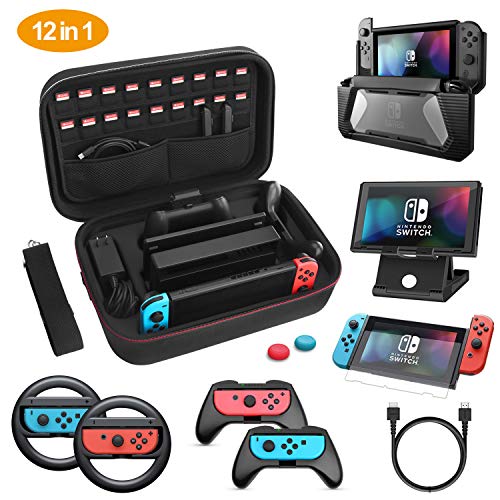 HEYSTOP Kit de Accesorios 12 en 1 para Nintendo Switch, con Funda de Transporte, TPU Cubierta Protectora, Joy-con Grip y Volante, Soporte,Protector de Pantalla, Apretones de Pulgar, Cable USB