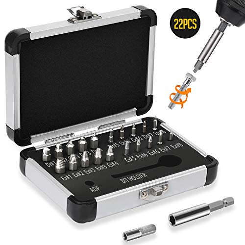 Jellas 22PCS Extractor de Tornillos, Brocas de pulido separadas y brocas de extracción, Magnetizado y Adaptador para Tornillos y Pernos Dañados Desde 2mm hasta 12mm, Dureza 64-65HRC Jellas 22PCS Extractor de Tornillos, Brocas de pulido separadas y brocas de extracción, Magnetizado y Adaptador para Tornillos y Pernos Dañados Desde 2mm hasta 12mm, Dureza 64-65HRC