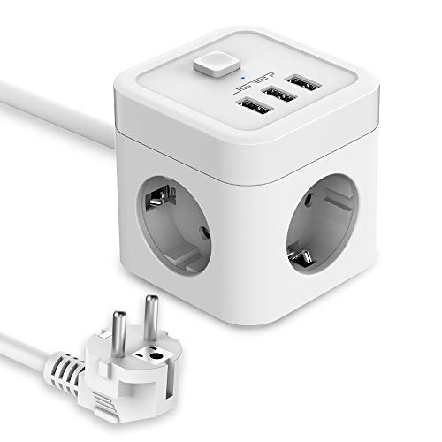 JSVER Cube Enchufe USB con 3 Puertos de USB y 3 Tomas Regleta Proteccion Sobretension Enchufe Alargador Multiple Carga para Samsung iPad iPhone Tablets - Cable 1.5 m Blanco JSVER Cube Enchufe USB con 3 Puertos de USB y 3 Tomas Regleta Proteccion Sobretension Enchufe Alargador Multiple Carga para Samsung iPad iPhone Tablets - Cable 1.5 m Blanco