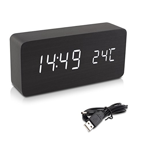 kwmobile Reloj despertador digital - Reloj de madera rectangular con luz LED - Activación táctil y por sonido con indicador de temperatura - Negro