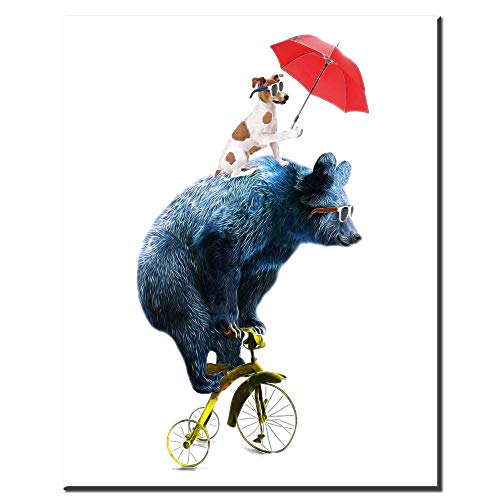 N / A Cute Animal Bear Dog Riding A Bicycle Canvas Painting Used For Room Home Decoration Frameless 70x100cm