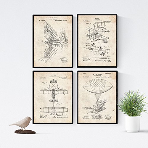 Nacnic Vintage - Pack de 4 Láminas con Patentes de Aviones. Set de Posters con inventos y Patentes Antiguas. Elije el Color Que Más te guste. Impreso en Papel de 250 Gramos