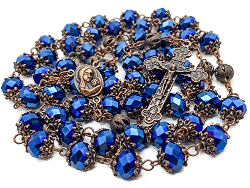 Nazareth Store Deep Blue Rosary Our Father Catholic Necklace 10mm Crystal Beads Medalla de Tierra Santa Estilo antiguo - Bolsa de terciopelo