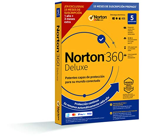 Norton 360 Deluxe 2020 Symantec - Antivirus software para 5 Dispositivos y 15 meses de suscripción con renovación automática, Secure VPN y Gestor de contraseñas, para PC, Mac tableta y smartphone