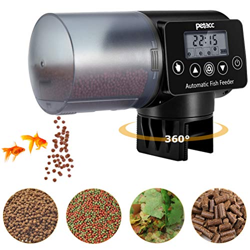 Petacc Alimentador Automático Acuario Multifuncional Comedero Peces Automático con Pantalla LCD y el Tiempo de Alimentación Configuración, Adecuado para Acuario, Pecera (200ml, Negro)