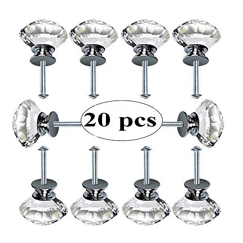 TLBTEK - Juego de 20 pomos decorativos de cristal de diamante de 30 mm, para armario, armario, armario, cajones, muebles, baño, cocina, escritorio, lavandería