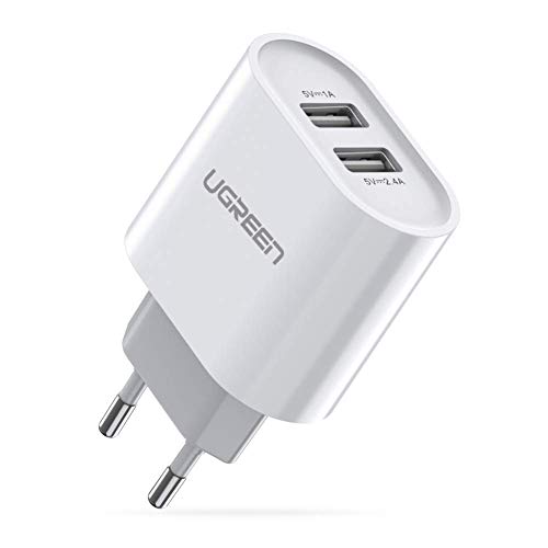 UGREEN Cargador USB Pared con Dos USB Puertos 5V 2.4A y 5V 1A Enchufe Multipuerto Europeo para iPhone XR, XS, X, 8, Samsung Galaxy A70, S7, J6, Xiami Redmi Note 7, Note 6 Pro, Huawei P10 Lite