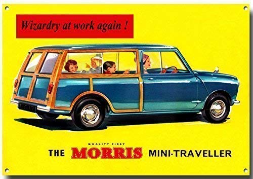 VINTAGE SIGN DESIGNS Morris Mini Traveller Estilo Antiguo Anuncio Metal Letrero con Enamelled Acabado - 210 mm x 285 mm x 1 mm
