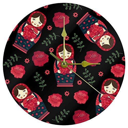Yoliveya - Reloj de pared redondo silencioso diseño de muñeca rusa matrioshka floral no se hace tictac reloj silencioso para regalo hogar oficina cocina cuarto de bebé sala de estar o dormitorio 25 cm