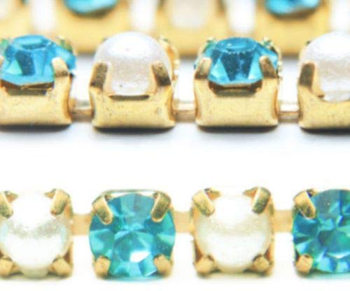 1m 1.1 yds Azul Aguamarina de la Perla Blanca de la Copa de la Cadena de Latón de imitación de diamante de Recorte de la Joyería de Cristal Bordado a Mano Orfebrería de Luneville Tambor Indio de 3mm