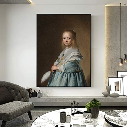adgkitb canvas Cuadro de Lienzo de la Edad de Oro para un Retrato de niña en una Pintura de Pared Azul 60x90cm SIN Marco