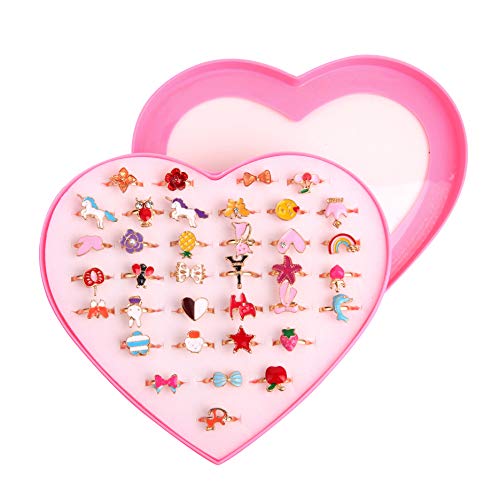 Anillos Niña Juguete, 36pcs Anillos Niñas Ajustables, Ajustables Anillos de Juguete para Niños, Princesa Joyas Anillos de Dedo con la Caja de Presentación de la Forma del Corazón