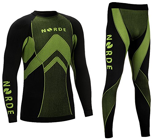 (Black/Green, L) - THERMOTECH NORDE Functional Thermal Underwear Breathable Active Base Layer SET