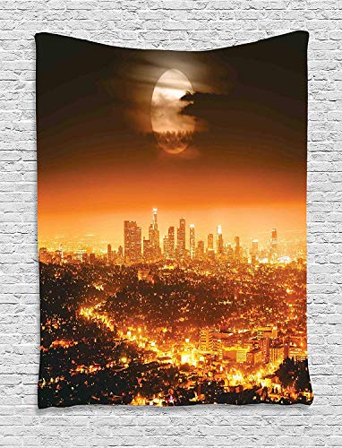 Colección de decoración de apartamentos, espectacular Luna llena sobre Los Ángeles Humo horizontal Vista de la salida de la luna de miedo, Dormitorio Sala de estar Dormitorio Colgante de pared Tapiz