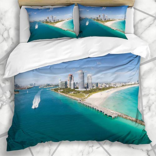 Conjuntos de funda nórdica Vista aérea Distrito Sur Apartamentos Vela EE. UU. Verano Barco Playa Océano Piloto Monumentos de la naturaleza Microfibra suave Dormitorio decorativo con 2 fundas de almoha