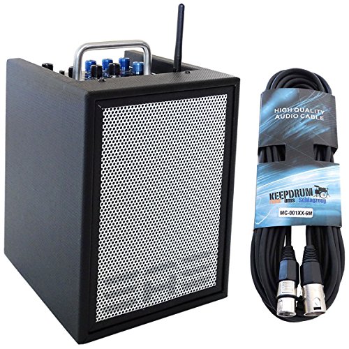 Elite Acoustics A1 – 4 CFB amplificadores de guitarra de 3 canales Mini PA Box batería de funciona con efectos Keepdrum 6 m XLR Cable