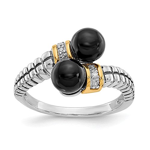 Hermoso anillo de oro blanco y amarillo de 14 K con ónix negro de 14 K y diamantes de imitación, viene con una joyería de regalo