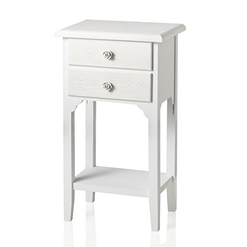 Mesilla de estilo shabby chic blanca con dos cajones y un estantePreciosa mesilla de madera DM decorada con tiradores con diseño de rosa de resina.Dimensiones:37 x 26 x 60 cm. Mesilla de estilo shabby chic blanca con dos cajones y un estantePreciosa mesilla de madera DM decorada con tiradores con diseño de rosa de resina.Dimensiones:37 x 26 x 60 cm.
