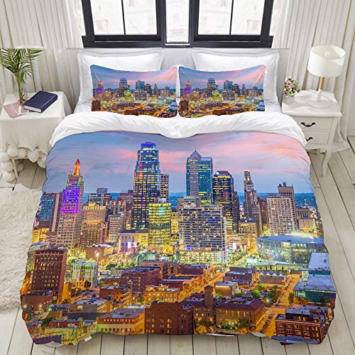 MIGAGA nórdico Juego de Ropa de Cama de 3 Piezas,otoño-Invierno,Kansas City Missouri, EE.UU. Paisaje Urbano céntrico en el crepúsculo,1 Funda Nórdica y 2 Funda de Almohada (140 x 200cm)