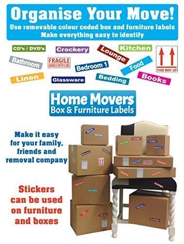 Pack de 2-237 Pegatinas (Recomendado para un 2 Dormitorio Apartamento) Moving Home - Caja de Cartón y Muebles - Pegatinas/Etiquetas de Identificación con Código de Color
