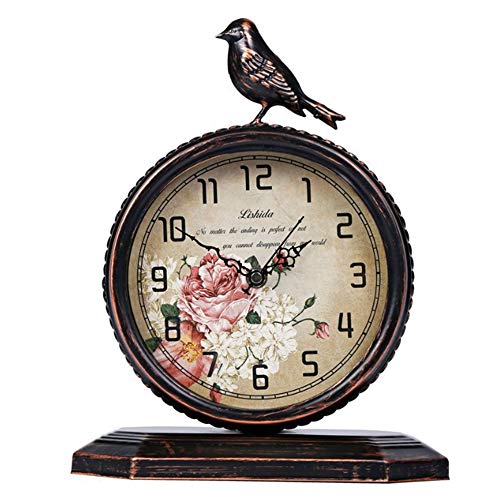 QMWY Table Clock,Retro Reloj de sobremesa Country Retro Hierro Silencioso Asiento Reloj De La Personalidad del Reloj De La Cama De La Mesa De Noche Reloj Antiguo Reloj De Pájaro