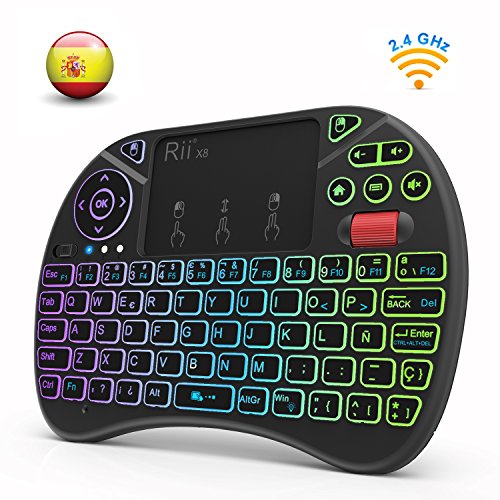 Rii X8 (Nueva versión 2018) - Mini teclado inalámbrico retroiluminado con pantalla táctil 2.4GHz y Rueda de Scroll, dispone de 8 cambios de color Rii X8 (Nueva versión 2018) - Mini teclado inalámbrico retroiluminado con pantalla táctil 2.4GHz y Rueda de Scroll, dispone de 8 cambios de color