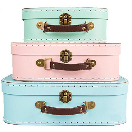 Set de 3 cajas con diseño de maleta vintage en colores pastel: verde, rosa y azul