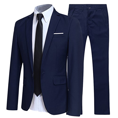 Traje de 2 piezas para hombre compuesto por chaqueta y pantalones, ajuste estrecho, para boda, cena,negocios, casual, disponible en 10 colores Azul azul marino XS