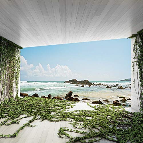 Aliyz 10x10ft Seaside Empty Sea Viewing Room Telón de Fondo para fotografía Apartamento en la Playa Ivy House Interior Modern Lounge Area Cemento Edificio Fondo Photo Studio Props