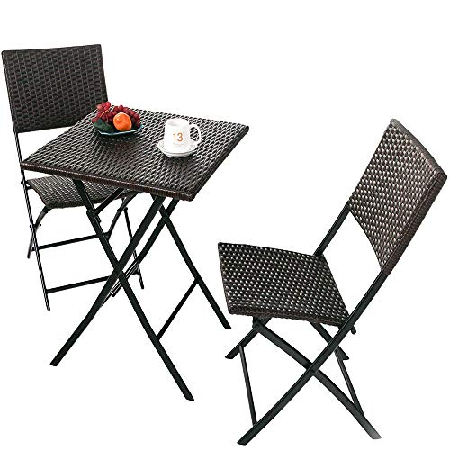 Juego de bistró de patio de ratán de 3 piezas, juegos de muebles para exteriores, mesa plegable, marcos de acero a prueba de herrumbre, para patio, balcón, terraza, apartamento, jardín, playa Juego de bistró de patio de ratán de 3 piezas, juegos de muebles para exteriores, mesa plegable, marcos de acero a prueba de herrumbre, para patio, balcón, terraza, apartamento, jardín, playa