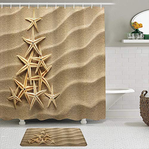 Juegos de Cortinas de baño con alfombras Antideslizantes, Árbol de Navidad de Estrellas de mar de Conchas en la Arena Marítimo Costa de Verano Vacaciones Vacaciones,con 12 Ganchos