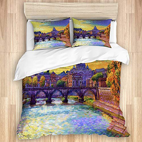 KASMILN Ropa de Cama，Italia Ciudad Paisaje Urbano Roma Puente Ponte ángel Peter Pablo San tíber río Italiano Romano，1 Pieza Funda nórdica 140x200cm, 2 Fundas de Almohada